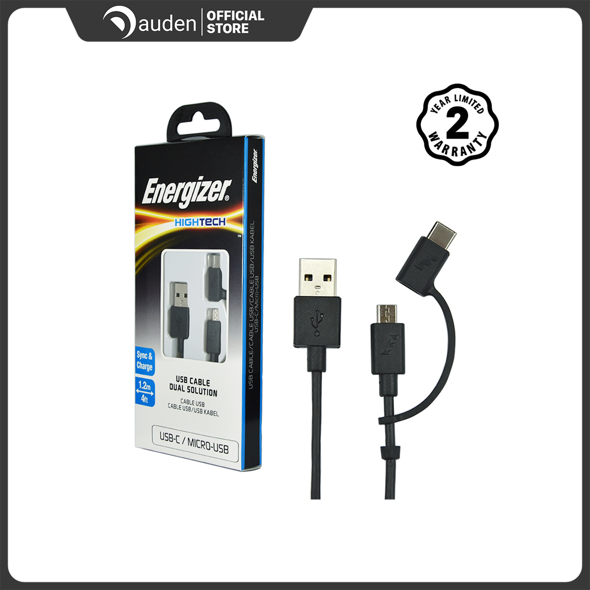 Cáp 2 trong 1 Type-C và Micro-USB Energizer Hightech 1.2m (Black)