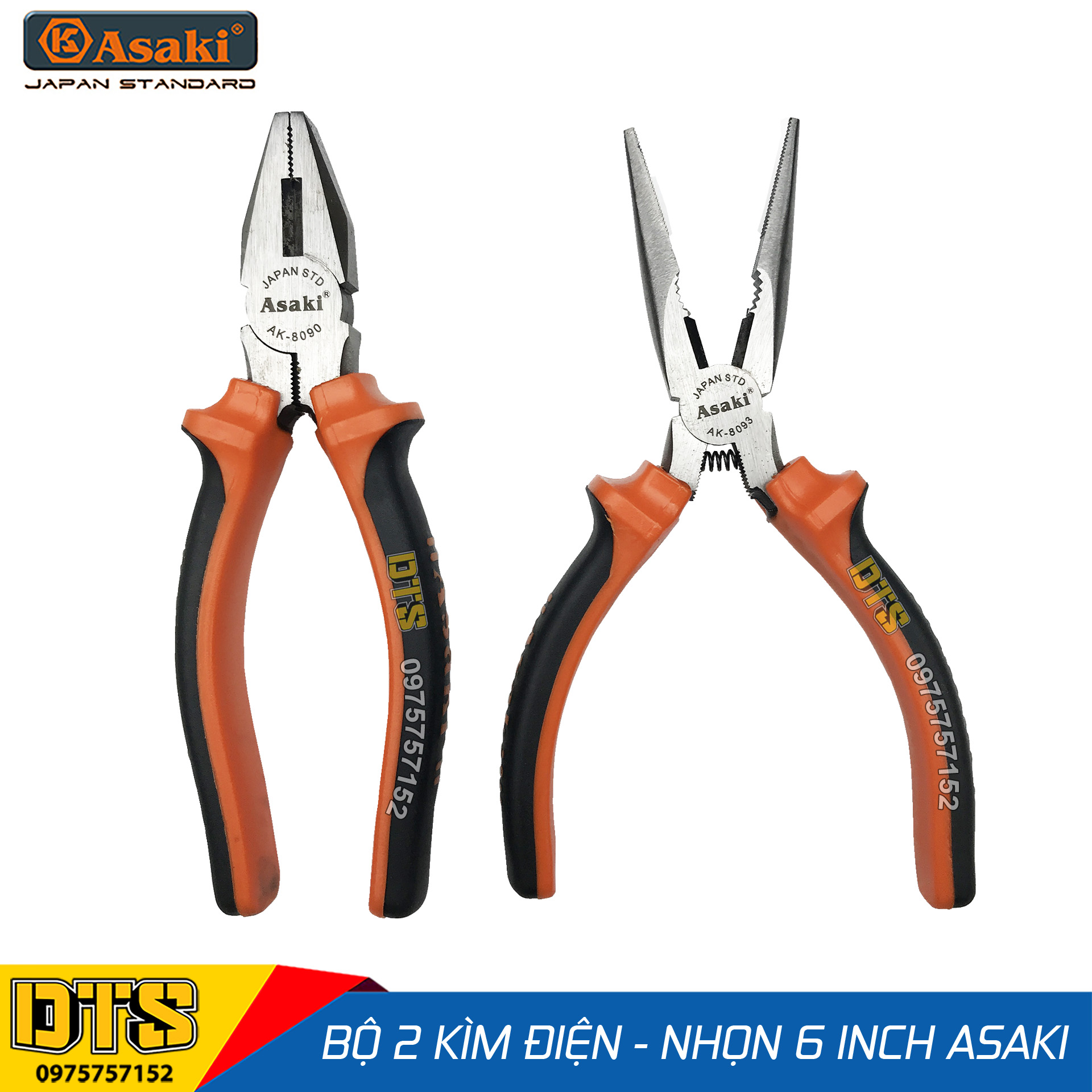 Bộ 2 kìm điện - kìm nhọn kiểu Mỹ Asaki A+cut Tech 6 inch/ 150mm, thép High Carbon độ cứng cao, bộ kìm đa năng, kềm đa năng chuyên dụng, kềm răng tổ hợp, kềm mỏ nhọn