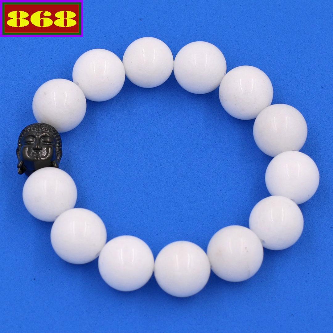 Vòng đeo tay Như lai inox đen - Chuỗi san hô trắng 14 ly VSHTNLE14 - Vòng tay phong thủy