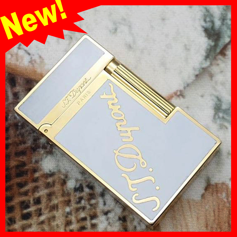 Hộp Quẹt Bật Lửa Gas Đá Dupont Trắng Chữ Vàng Chéo D155 - Thiết Kế Nổi Bật - Full Box (KHÔNG CHỨA XĂNG GAS)