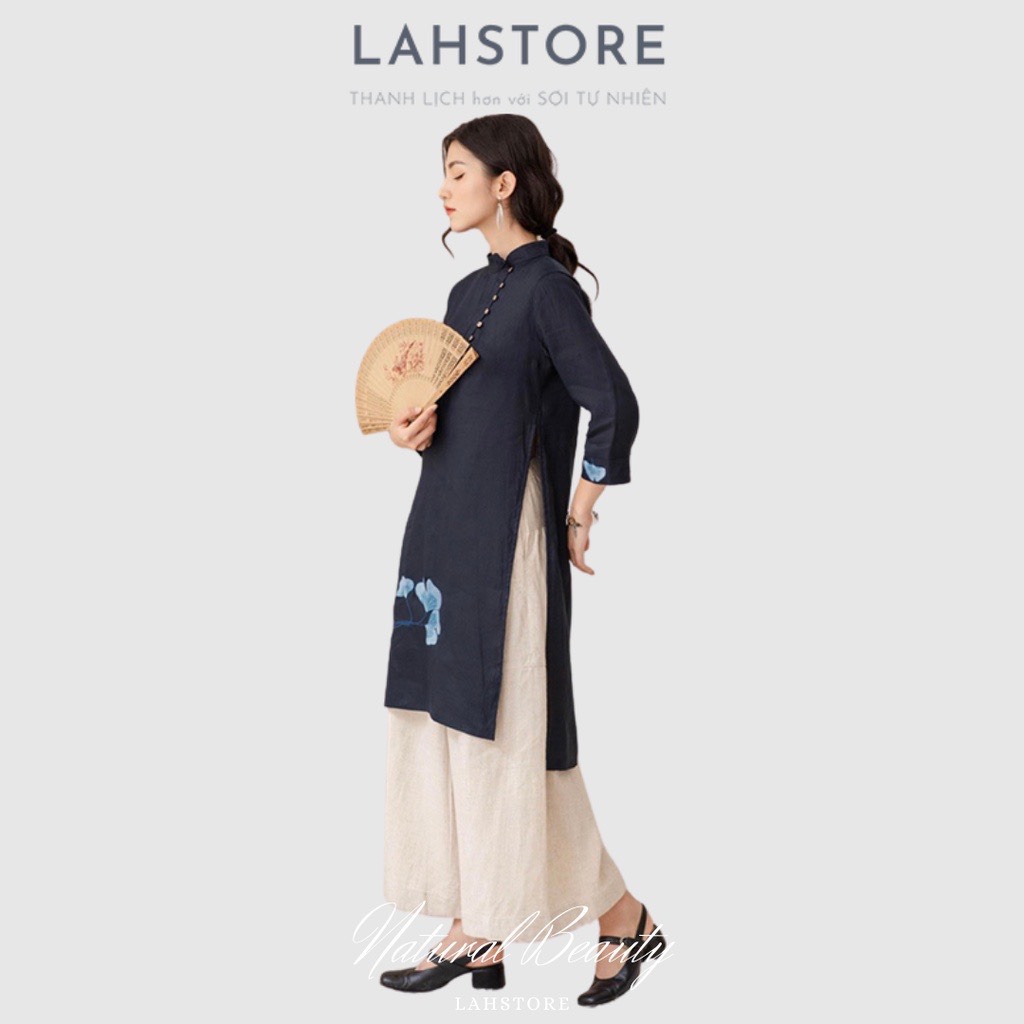 Áo dài cách tân nữ tay lỡ SLINEN vải linen thêu hoa cúc lệch