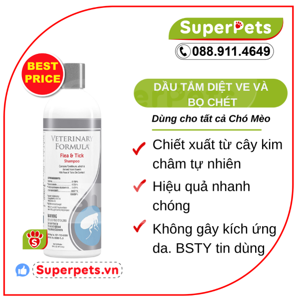 Dầu Tắm Ngăn Ngừa Ve Và Bọ Chét Cho Chó Mèo Veterinary Formula Clinical Care Flea and Tick Shampoo SUPERPETS VIỆT NAM
