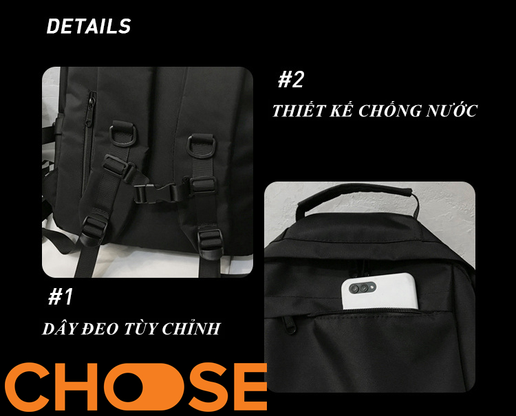 Balo Nam Nữ ULZZANG BASIC ĐEN Vải Dày Chống Thấm Choose BB1301