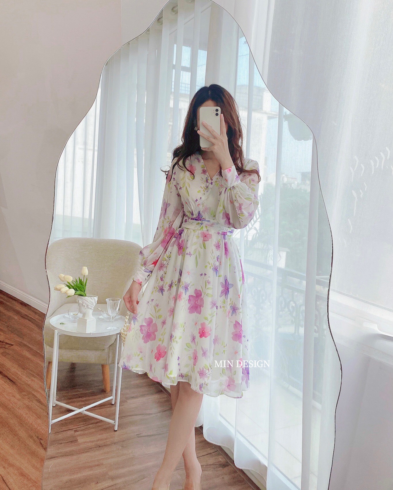 Váy cổ tim hoa tím xòe Min Design