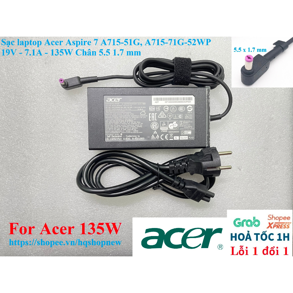️ sạc laptop acer aspire 7 a715-51g, a715-71g-52wp 19v - 7.1a - 135w chân 5.5 1.7 mm