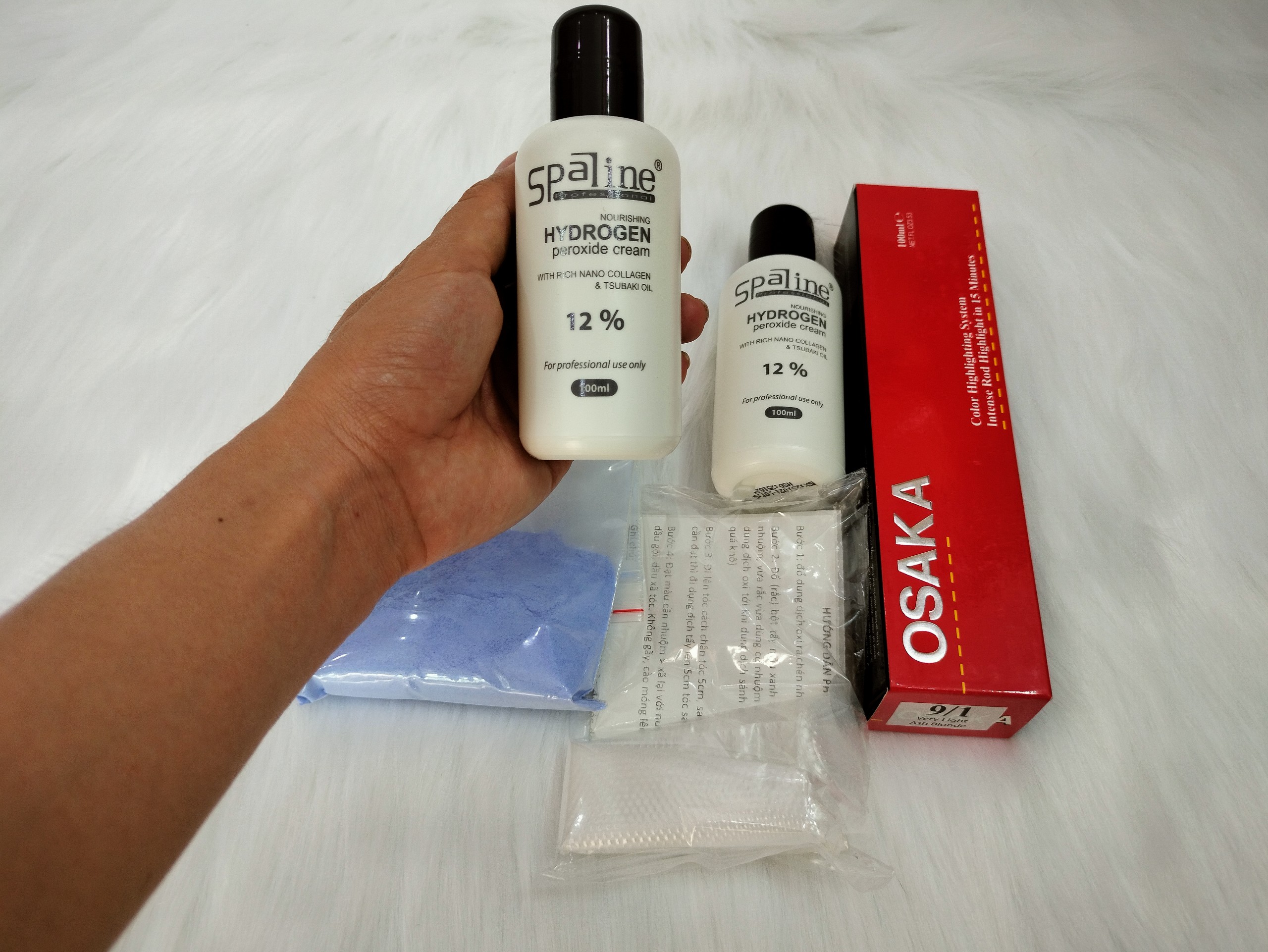 Combo nhuộm Osaka, 2 oxy, bột tẩy, bao tay, HDSD