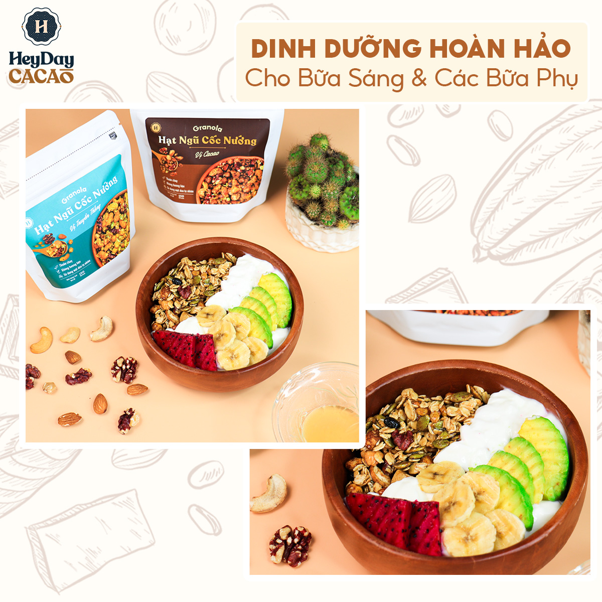 Granola nướng mật dừa giòn tan, 8 loại hạt ngũ cốc giảm cân, 0 trái cây sấy, GI thấp - Túi 80g/150g/400g - Heyday Cacao