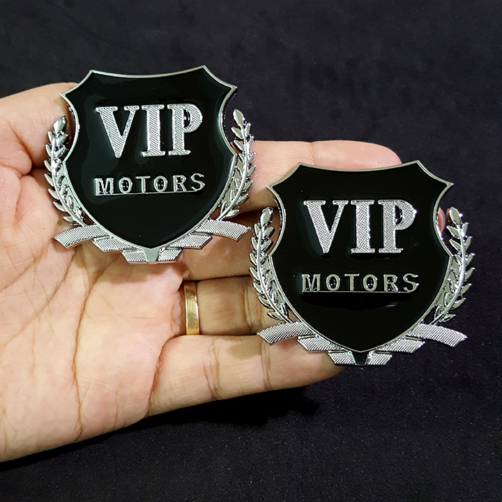 Bộ 2 miếng dán logo kim loại chữ vip motor bông lúa