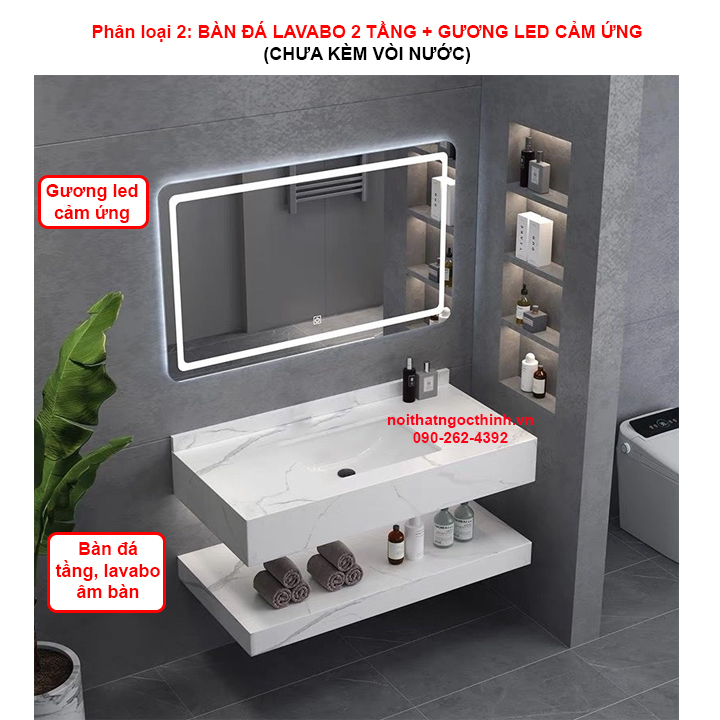 Bộ combo Bàn Đá Lavabo Âm Bàn 2 tầng Đá Chống Trầy Trắng Vân Mây, Gương Led Cảm ứng, Lavabo âm bàn Men Nano kháng khuẩn