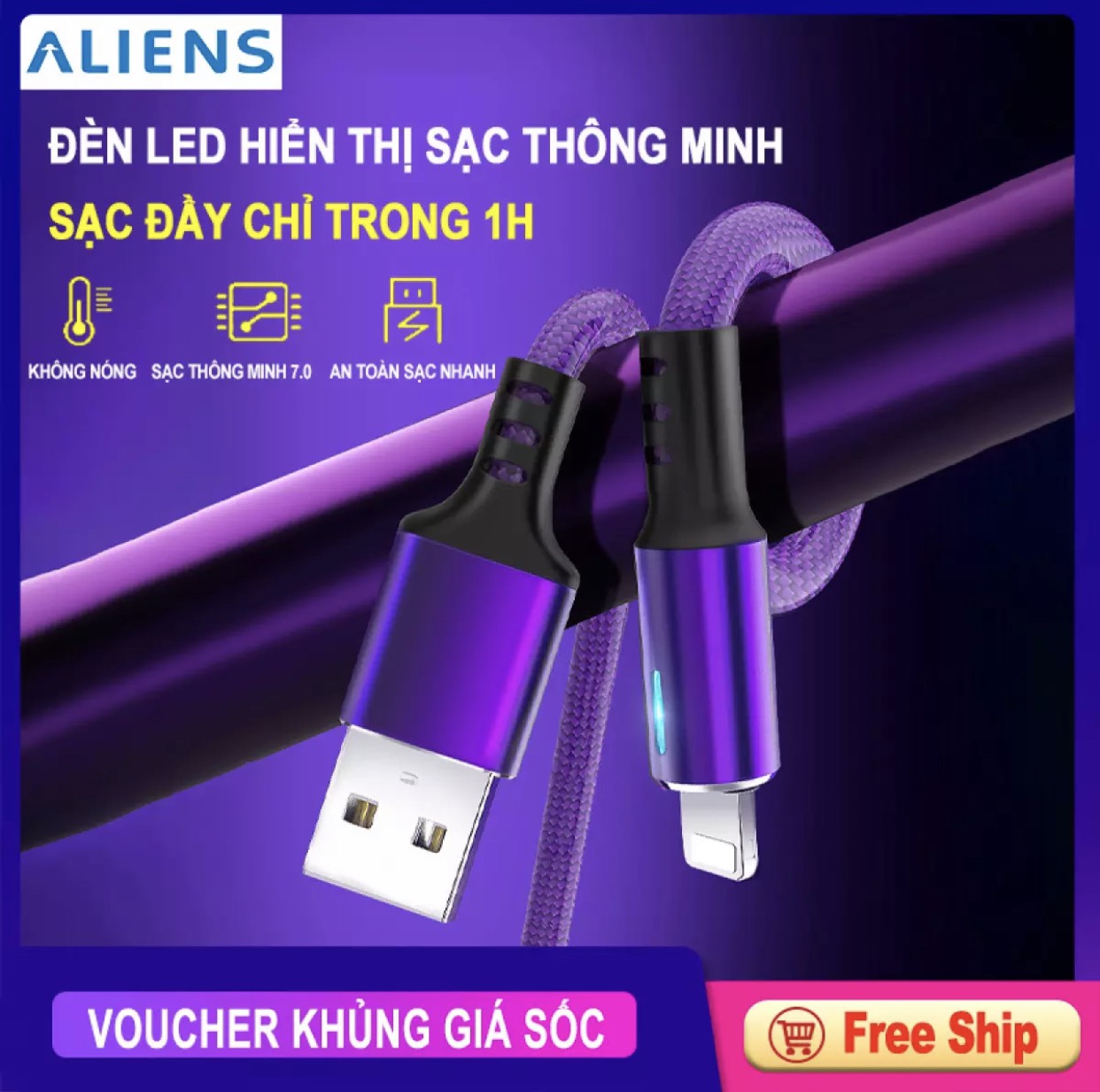 Cáp sạc iphone/Android sạc nhanh, hiển thị đèn LED dây dù siêu bền