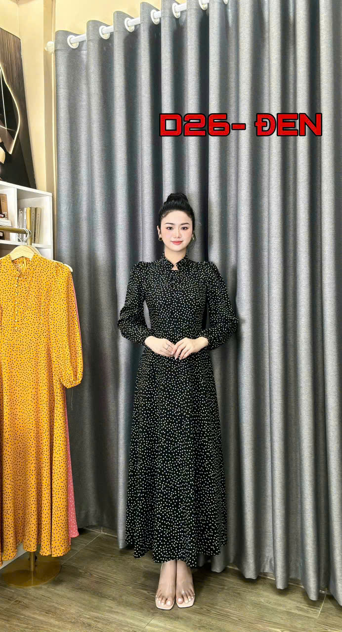 ĐẦM MAXI CHẤM BI TAY DÀI CÀI NÚT DUYÊN DÁNG