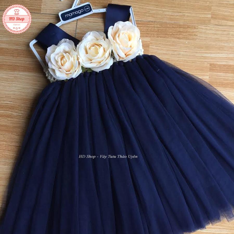 Váy tutu xanh than hoa hồng lụa cho bé gái
