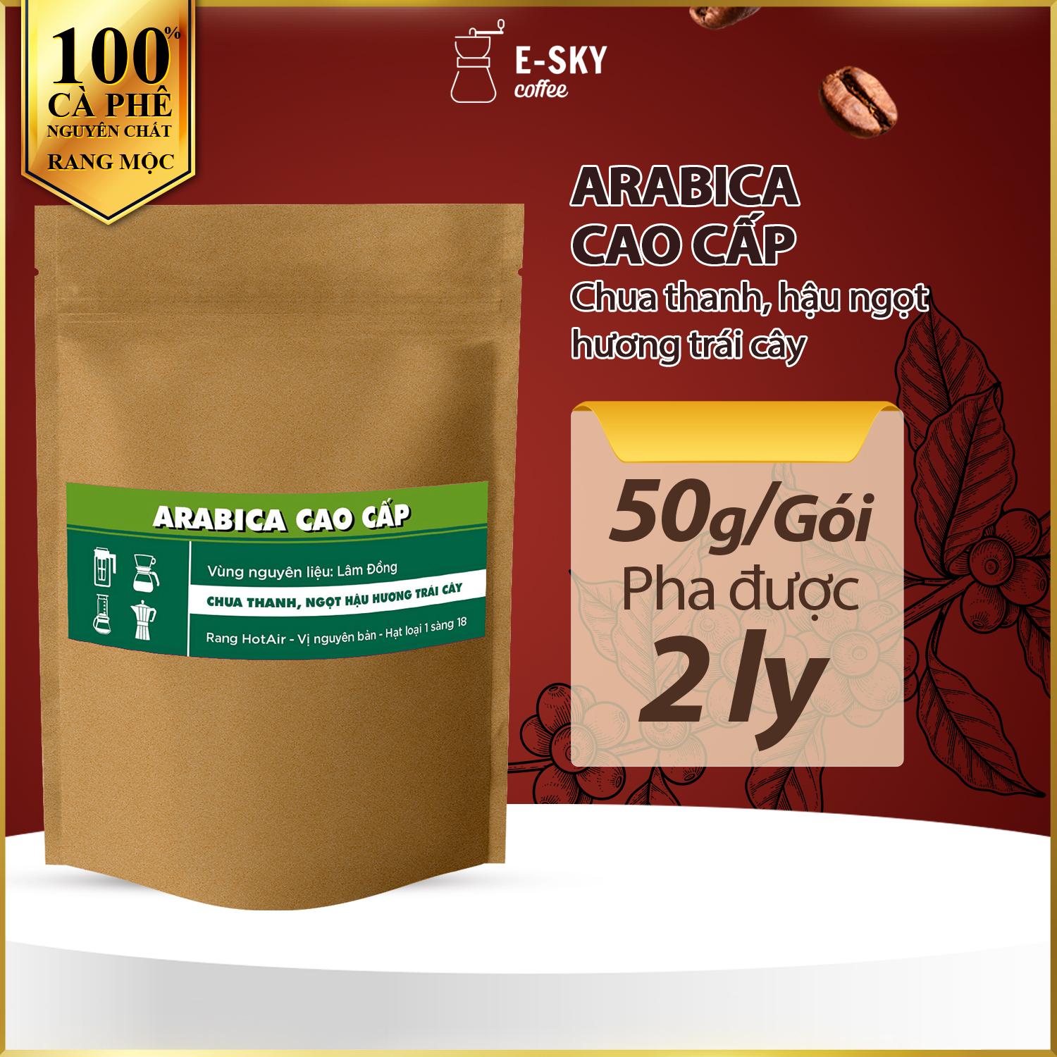 Mẫu Thử Cà Phê Rang Xay Nguyên Chất E-sky Coffee Cafe Pha Phin 50gr