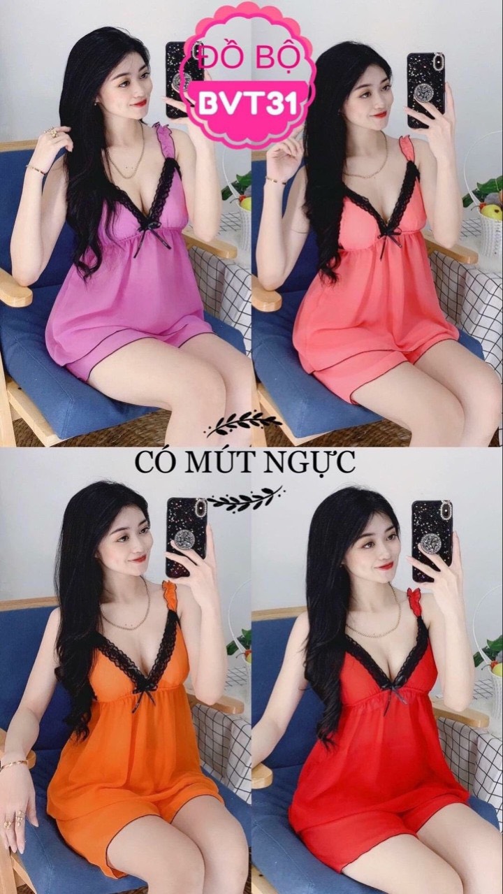 ĐỒ NGỦ VOAN LỤA PHỐI REN CÓ MÚT DƯỚI 56KG