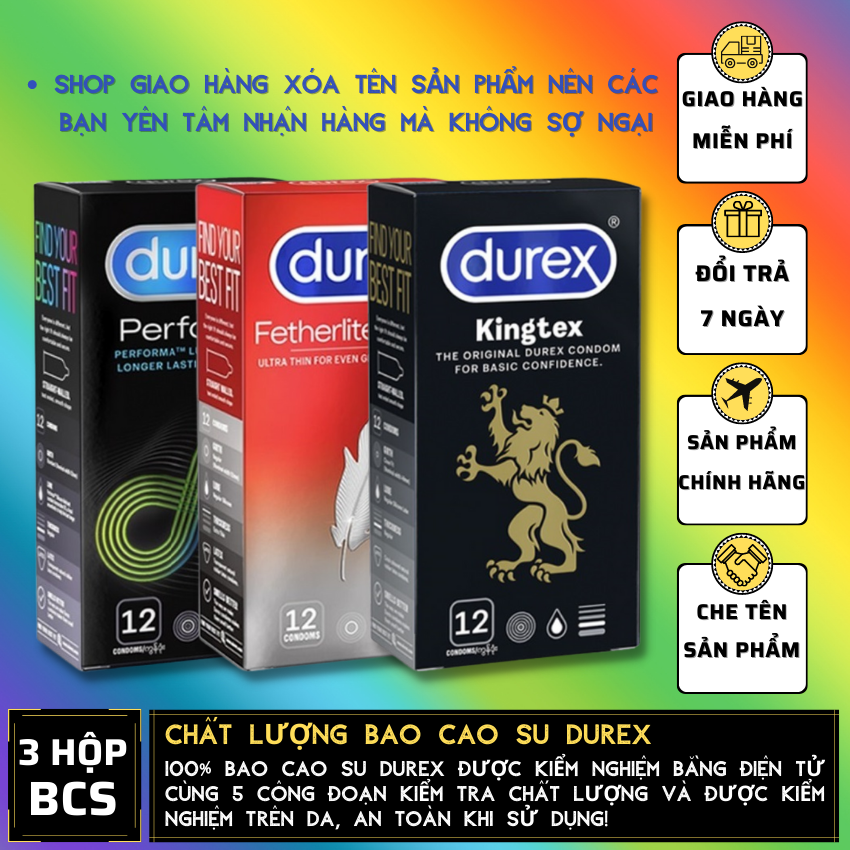 FREESHIP 03 Hộp Durex Performa kéo dài thời gian quan hệ + Fetherlite siêu mỏng + Kingtex size cỡ nhỏ [Che tên sản phẩm]
