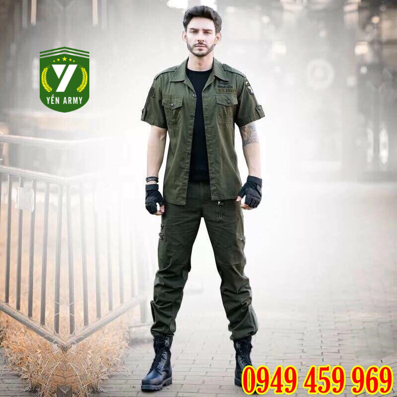 Bộ quần áo sơ mi lính nam cộc tay màu xanh rêu túi khóa chéo - mã a117 + q001
