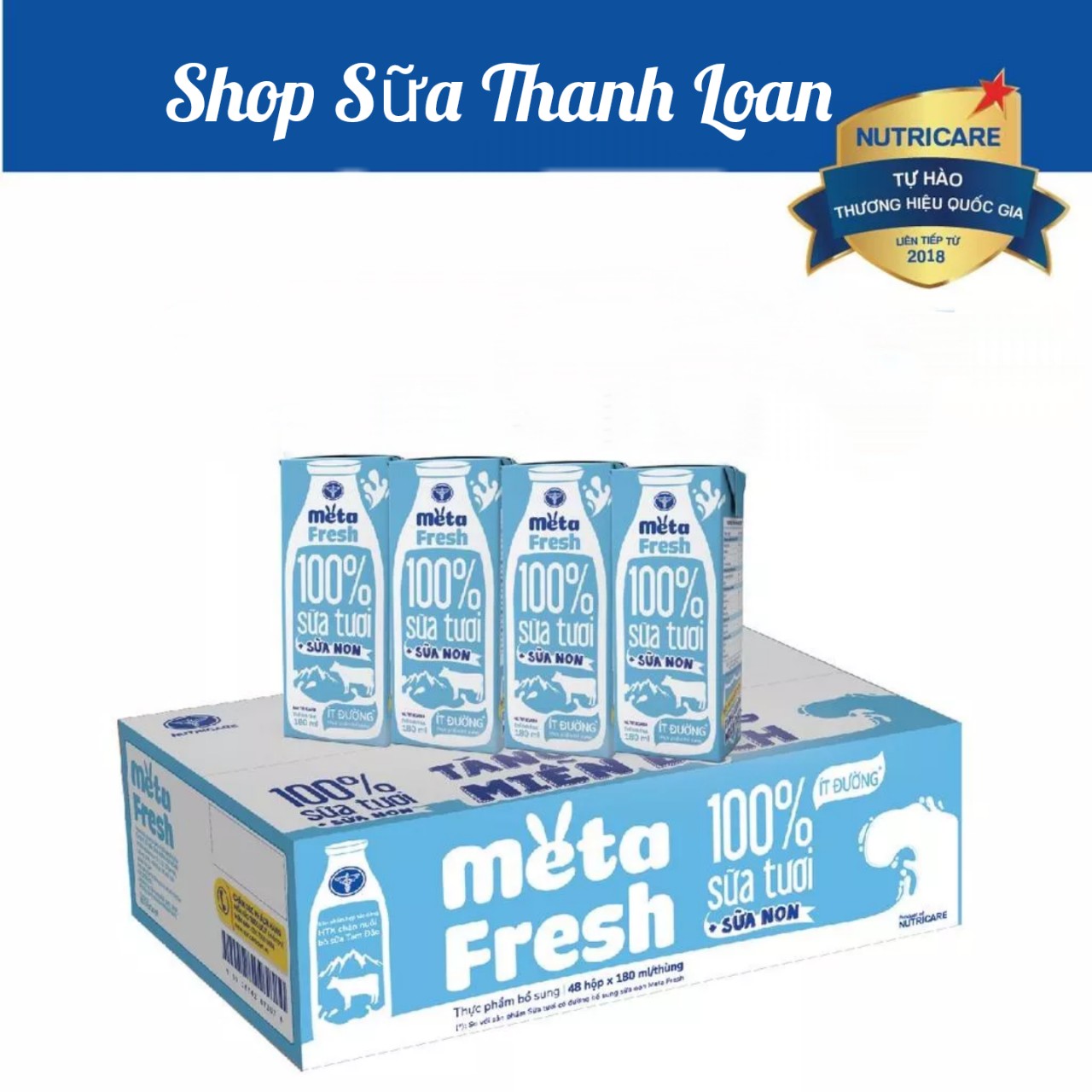 Thùng 48 hộp sữa tươi nutricare meta fresh ít đường 180ml.