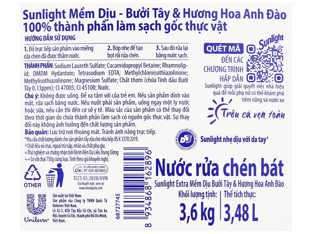 Nước rửa chén Sunlight túi 3.5kg/ can 3.6kg - BAT MUOI
