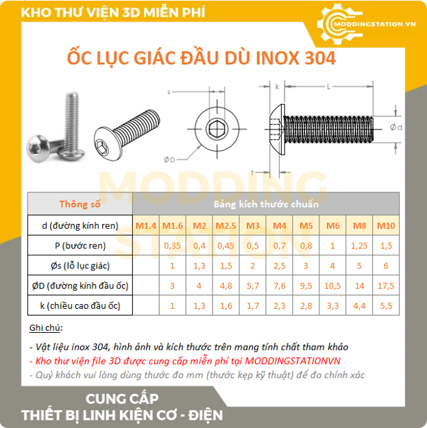 Ốc Lục giác đầu DÙ inox 304 size M1.6x3mm, M1.6x4, M1.6x5mm, M1.6x6, M1.6x8mm