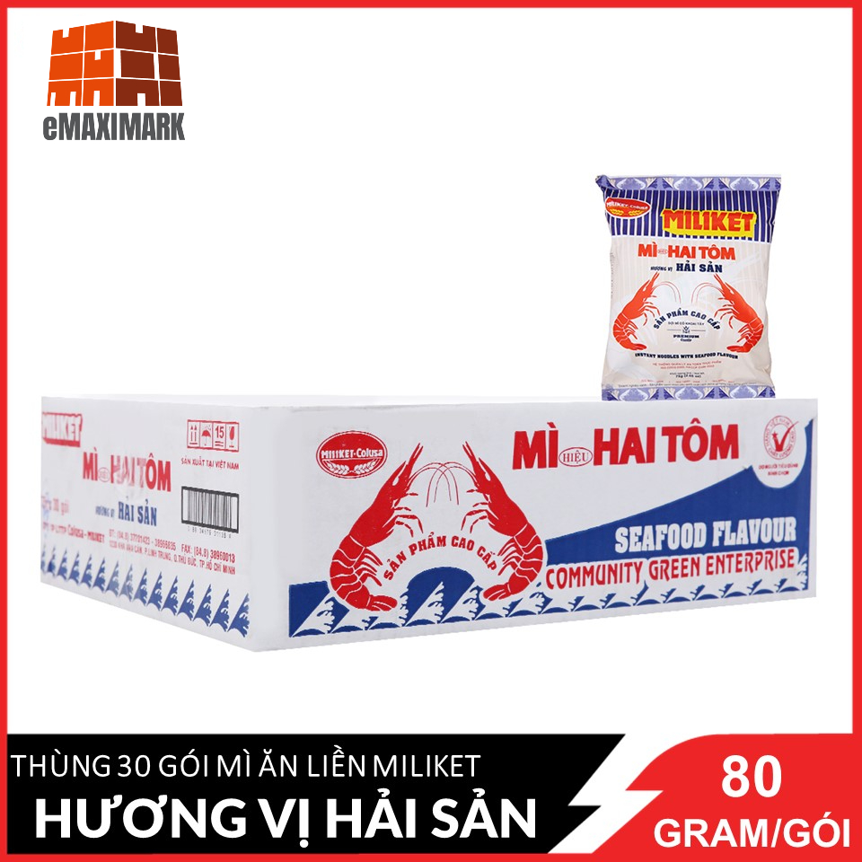 HCMNguyên thùng 30 gói Mì ăn liền Miliket Hai tôm hương vị hải sản 75gX30