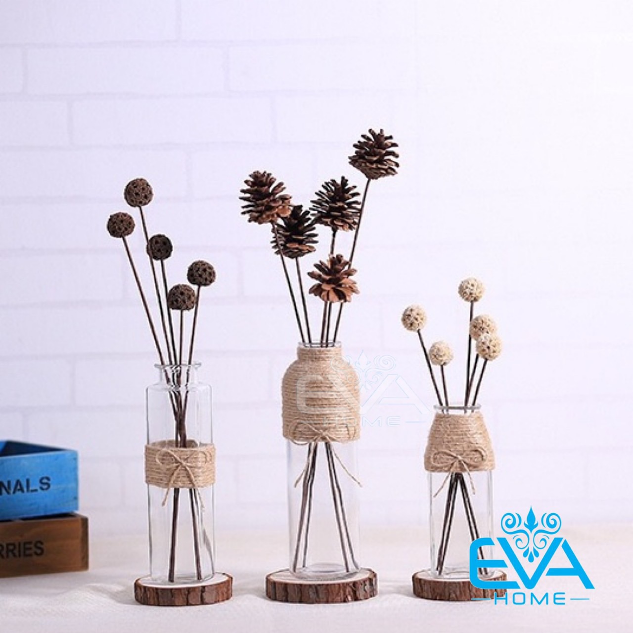 [HCM]Combo 3 Bình Bông Lọ Hoa Thủy Tinh Tròn Vuông Lục Giác Tặng Kèm Dây Bố Trang Trí