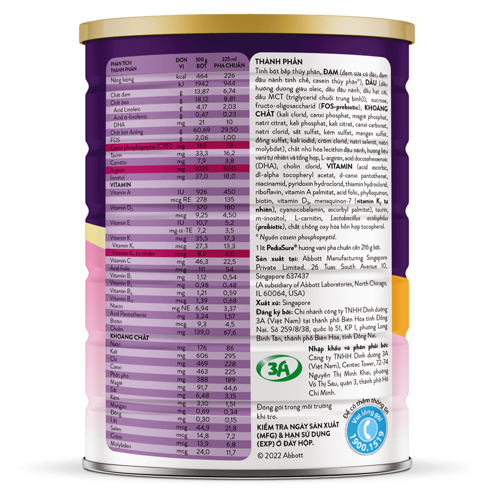 Sữa Bột Pediasure Lon 1,6kg Vani Ít Ngọt