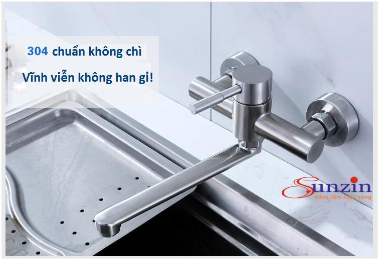 Vòi rửa bát gắn tường cần cứng quay nóng lạnh, inox 304
