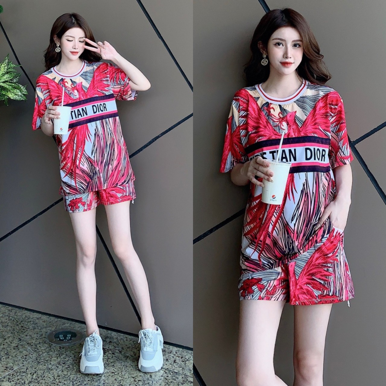 Set Bộ Thun Lạnh Đùi Form Rộng In 3D Họa Tiết Hoa Lá Hồng Tím Tươi Mới