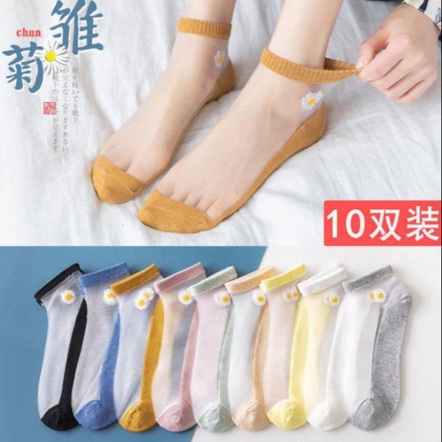 SET 10 Đôi Tất vớ ren nữ cổ ngắn, Tất vớ họa tiết hoa cúc 90% Phần chun mảnh không gây hằn, đau khi sử dụngcotton thấm hút mồ hôi thông thoáng, Tất ren nữ đẹp - Tất vớ nữ ren hoa cúc