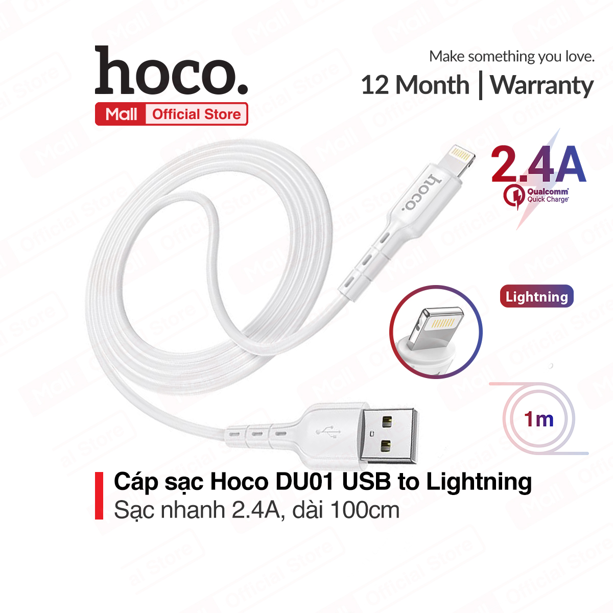 Cáp sạc nhanh và truyền dữ liệu Hoco DU01 USB to Lightning sạc nhanh 2.4A dây dẻo đầu sạc chống đứt dài 100cm