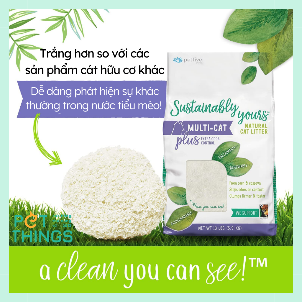 Cát Hữu Cơ cho mèo Petfive Sustainably Yours từ ngô bắp sắn hạt nhuyễn, nhập khẩu Mỹ, vón cục chắc, khử mùi tối đa