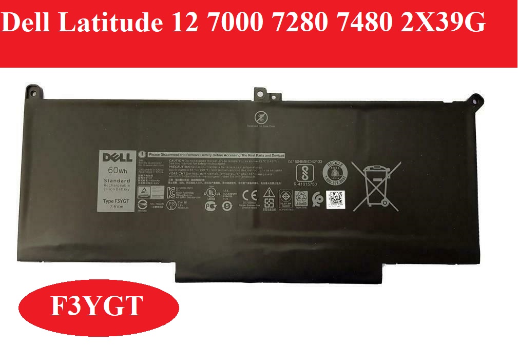 💥pin zin💥pin laptop f3ygt - for dell latitude 12 7000 7280 7480 2x39g 60wh 7.6v