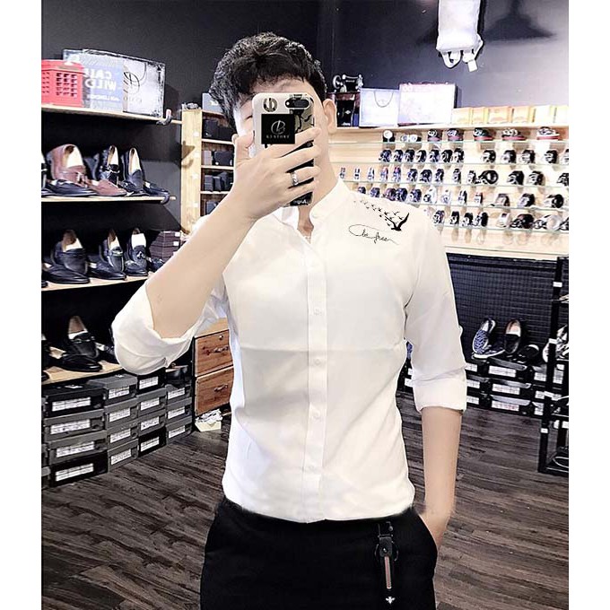 [HCM]Áo Sơ Mi Cổ Trụ Trắng Họa Tiết Chim Bay Cao Cấp | Áo Cổ Tàu Đẹp
