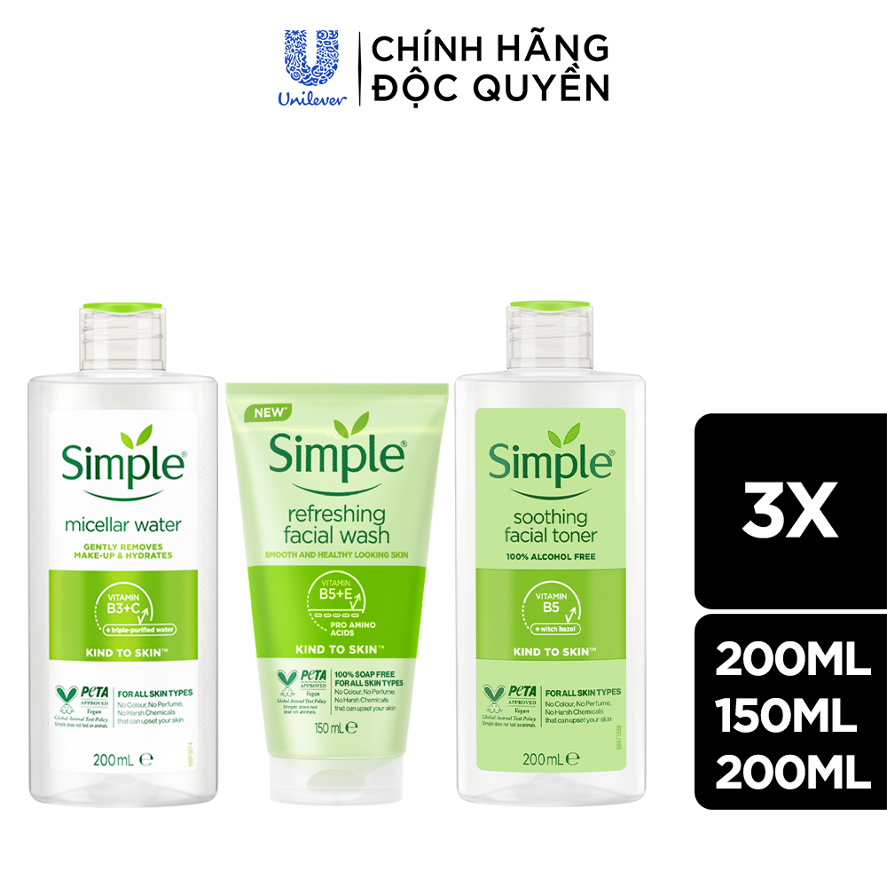 Combo Simple Tẩy trang Micellar 200ml + Sữa rửa mặt 150ml + Nước hoa hồng Toner 200ml cho da sạch khỏe đàn hồi