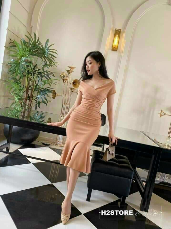 Đàm nhún sườn đuôi cá vai trễ form dáng body chất liệu umi mềm mịn
