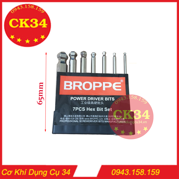Lục giác bi ngắn. Bộ 7 mũi lục giác đầu bi, bóng cho khoan chuôi lục giác hãng BROPPE cao cấp