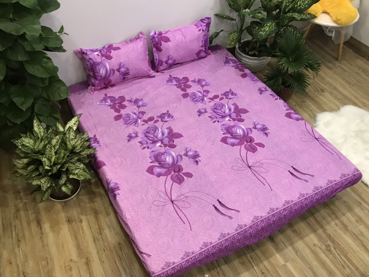 Set ga gối 3 món Mẫu Hoa Dây Tím (gồm 1 vỏ ga và 2 vỏ gối nằm)