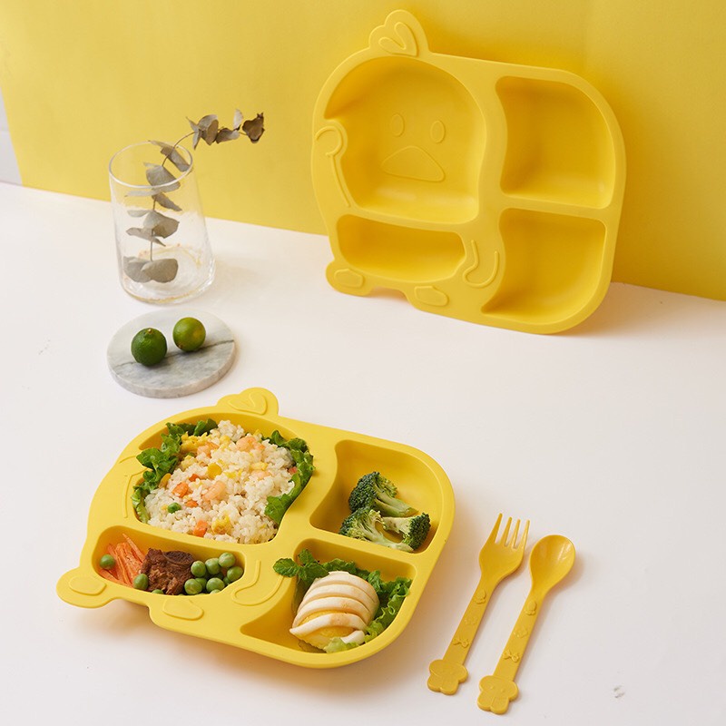 Set khay ăn dặm lúa mạch hình vịt vàng đáng yêu cho bé, khay ăn dặm chất liệu cao cấp