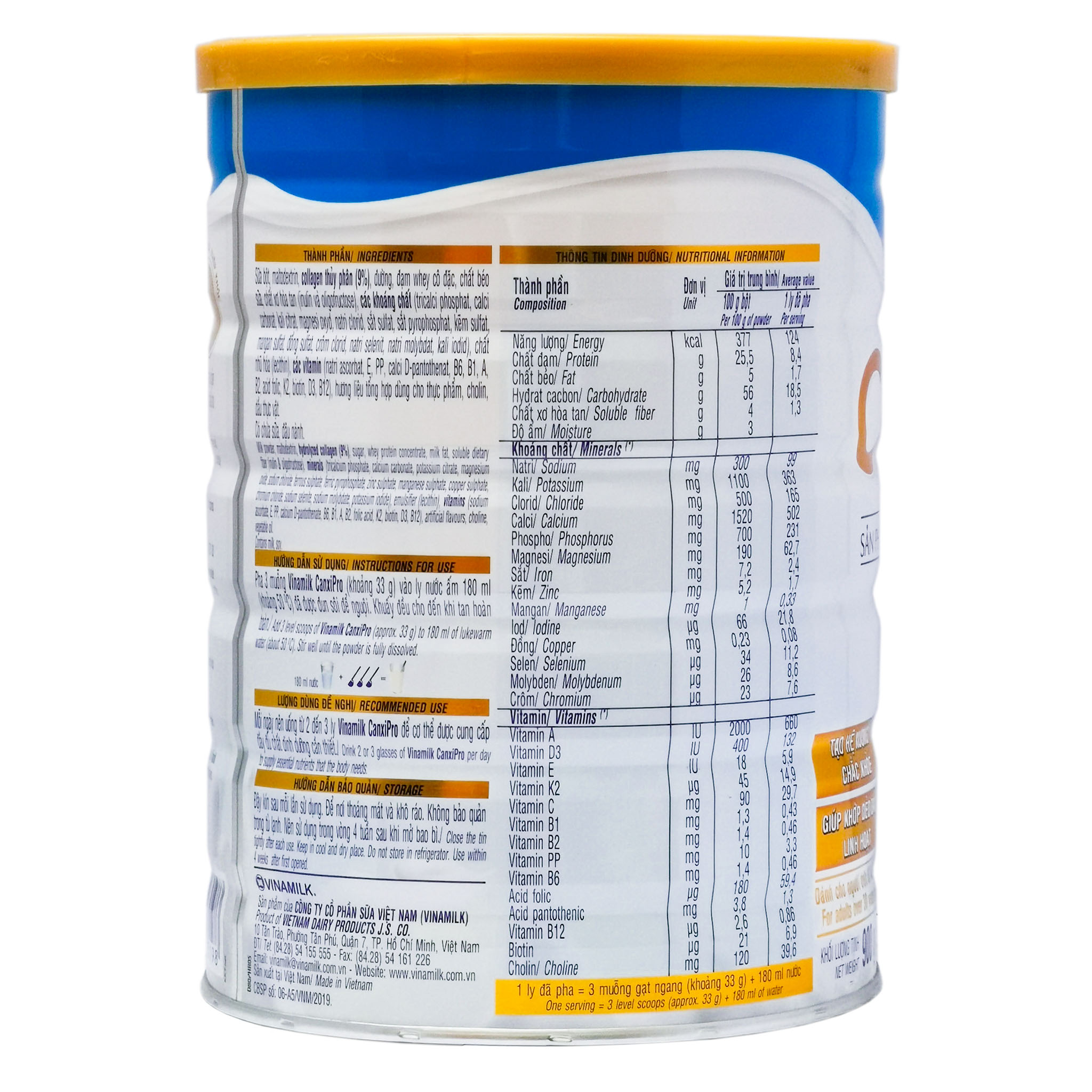 Sữa Bột Vinamilk Canxi Pro Hộp 900g (Sản phẩm dinh dưỡng ít béo, bổ sung Canxi)