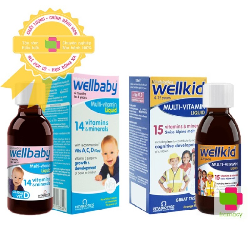 Vitamin tổng hợp cho bé Wellbaby (6 tháng - 4 tuổi)/Wellkid (4-12 tuổi) Multivitamin Liquid, Anh (150ml) cao cấp