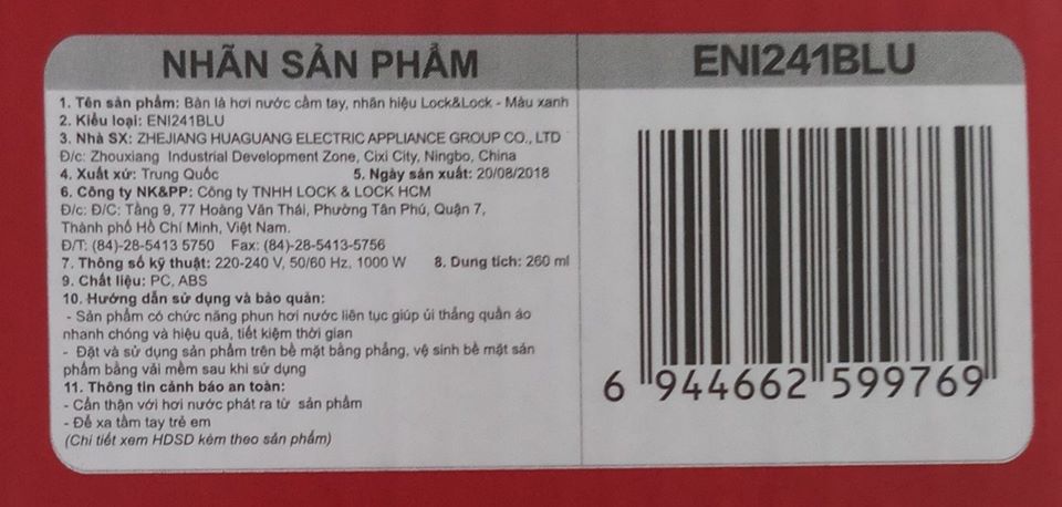 BÀN LÀ HƠI NƯỚC CẦM TAY LOCK&LOCK ENI241
