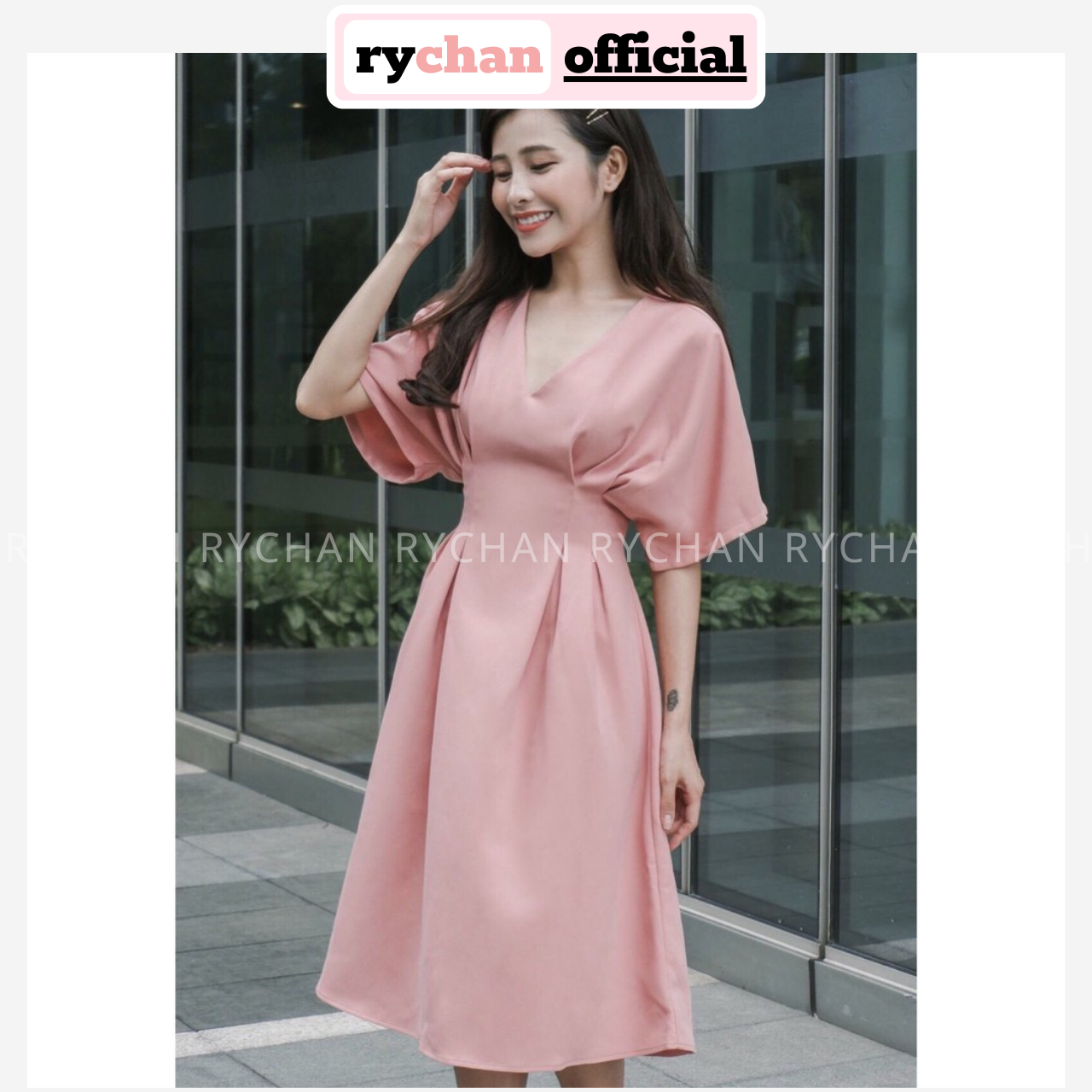 [XÃ KHO] Đầm Xoè Hồng Cổ V Cánh Dơi Bo Eo Form Dài - DX074