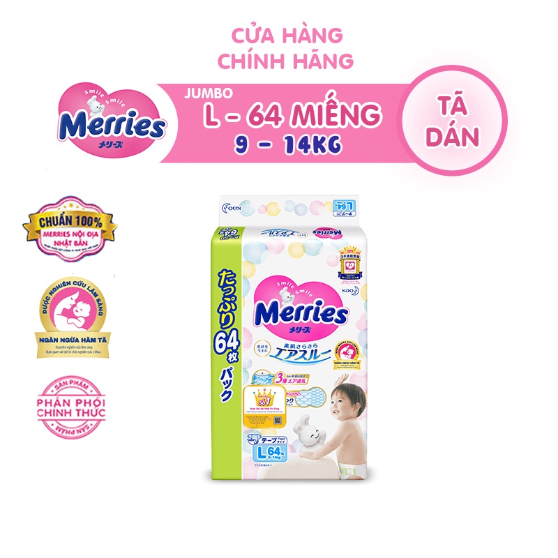 Tã/bỉm dán Merries Jumbo size L - 64 miếng (Cho bé 9-14kg)