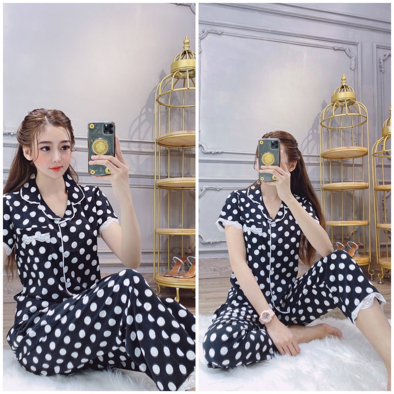 Set bộ pizama nữ chấm bi cực xinh cho chị em t&l