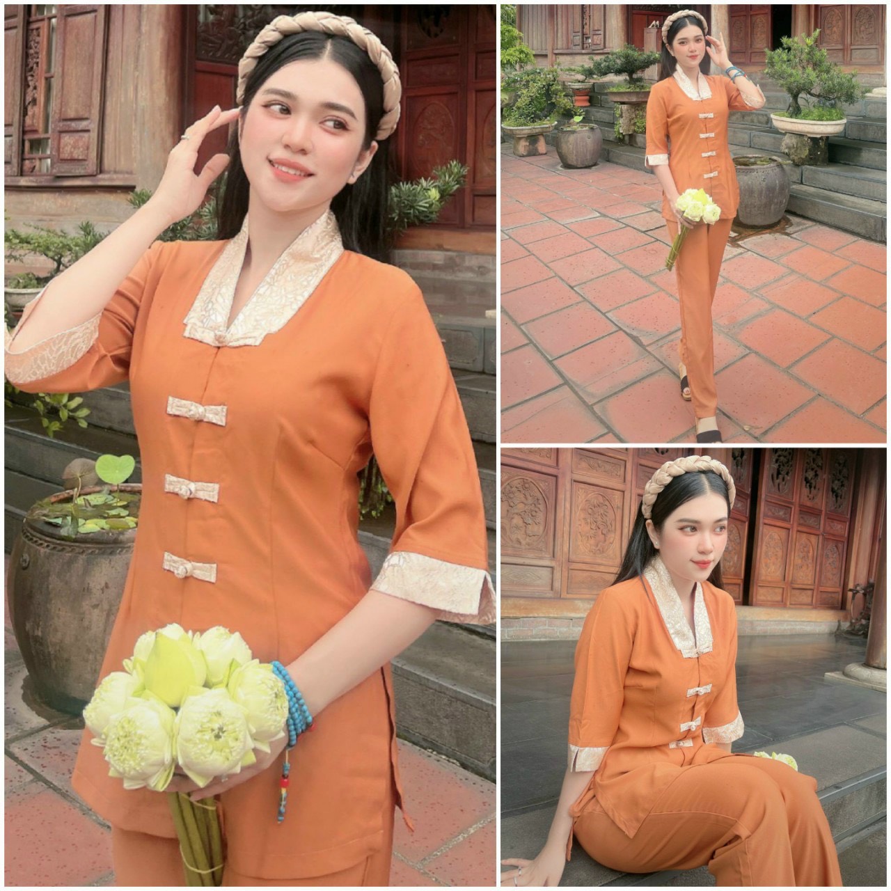 Đồ lam đi chùa # bộ viền hoa lụa hàn# quần áo nữ cao cấp