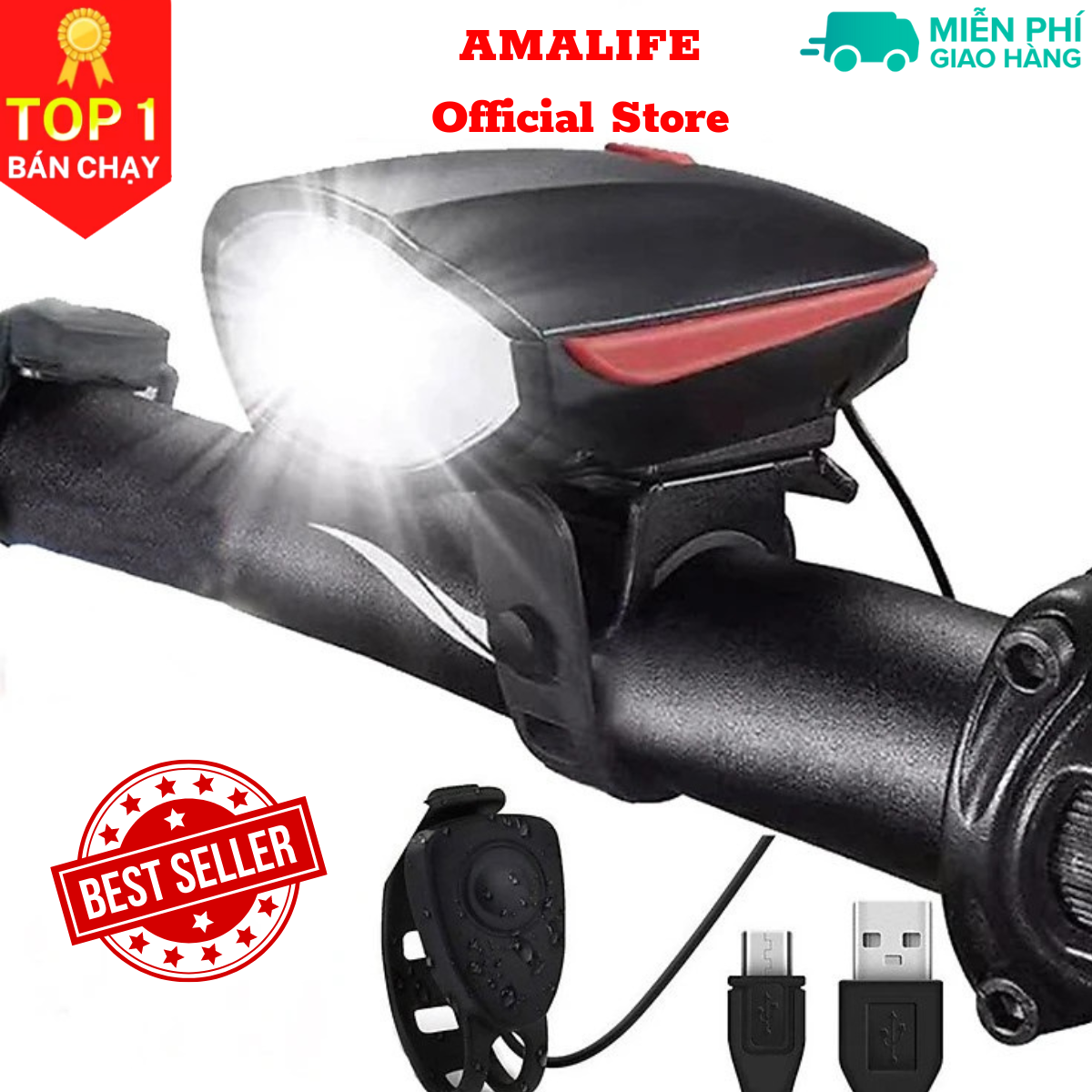 Đèn xe đạp thể thao AMALIFE siêu sáng có còi pin sạc usb led T6 chống nước