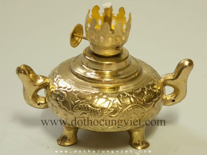 đèn dầu thờ cúng dáng lư tròn chạm thủ công bằng đồng
