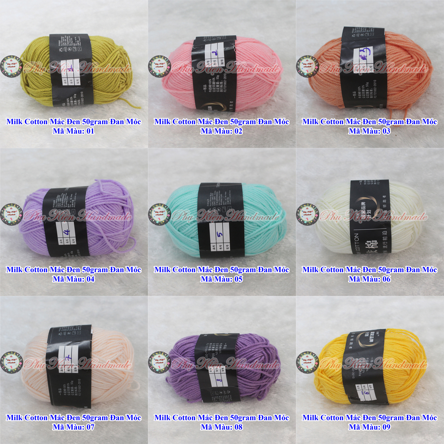 Len milk cotton mác đen 50gram đan móc (Mã Màu: 01 - 86)