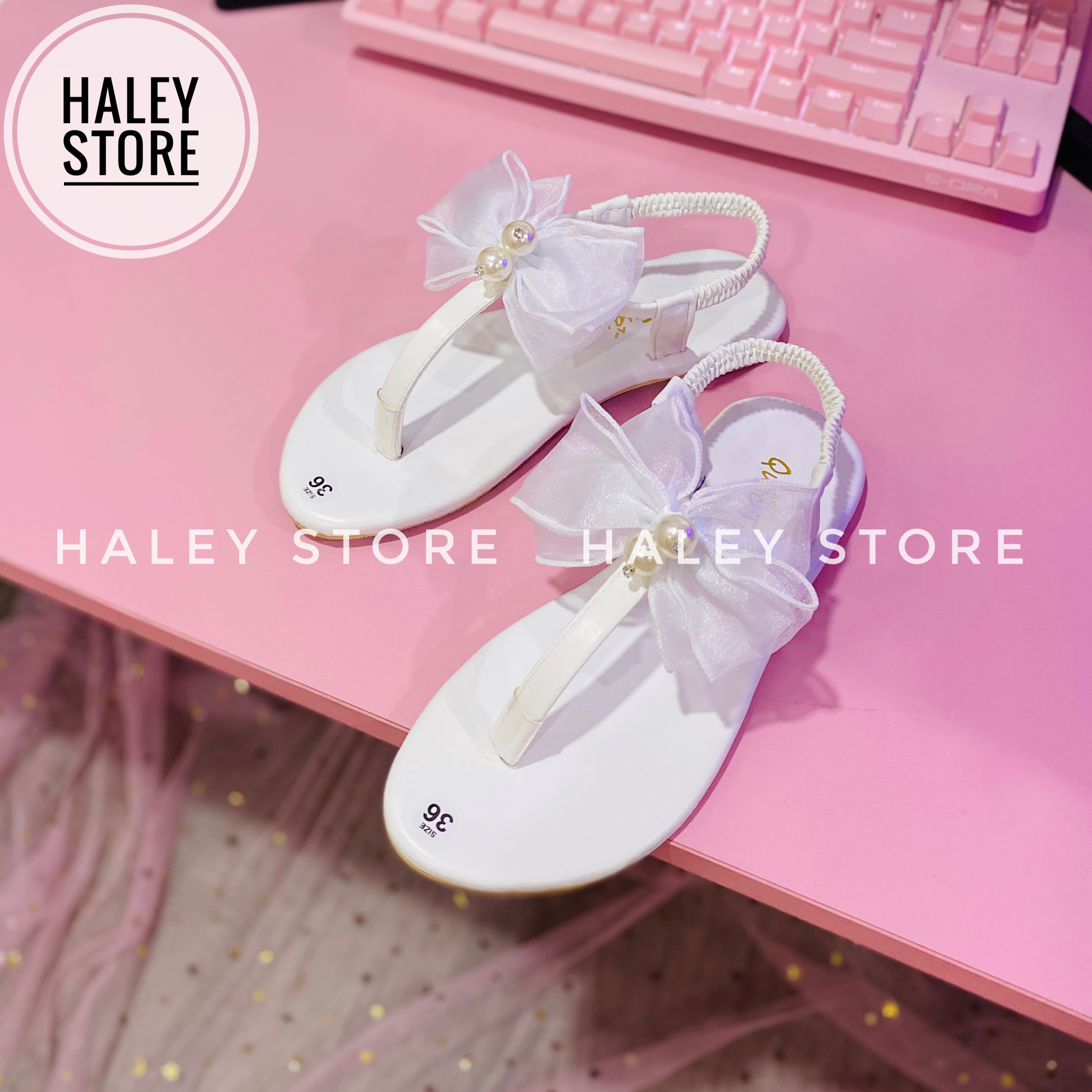 [HCM]Giày sandal bệt nữ đính nơ ngọc dây quai mảnh chữ T quai hậu co giãn đi chơi đi học đi làm đi biển HALEY STORE