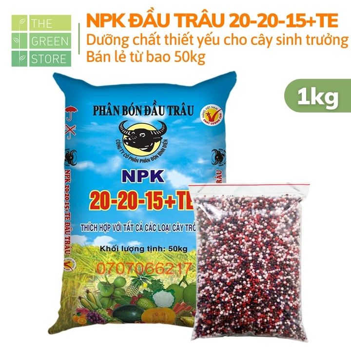 Phân bón NPK 3 màu Đầu Trâu 20-20-15+TE (1kg) bán lẻ từ bao 50kg, kích ra rễ, đâm chồi, ra hoa, tăng đậu trái cho rau sạch, cây ăn trái, hoa hồng, mai vàng, cây cảnh